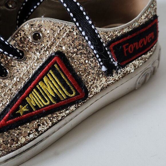 MIU MIU | Glitter Sneakers with Patches, Gold Size 35 MSRP: $650.00 - Picture 3 of 8